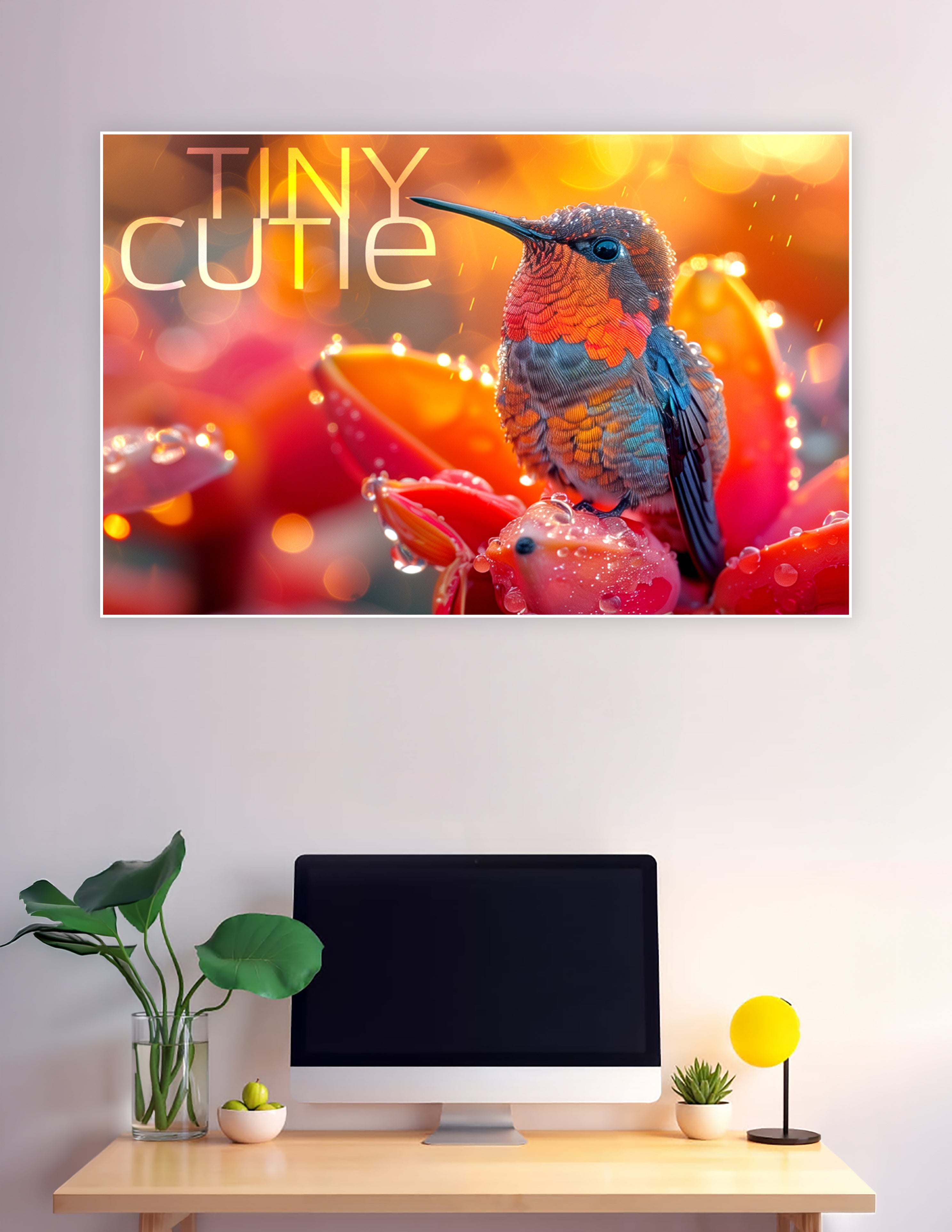 Close-up of a colorful hummingbird with iridescent orange, red, and teal feathers perched on dew-covered red flowers in warm golden bokeh light, with text reading Tiny Cutie