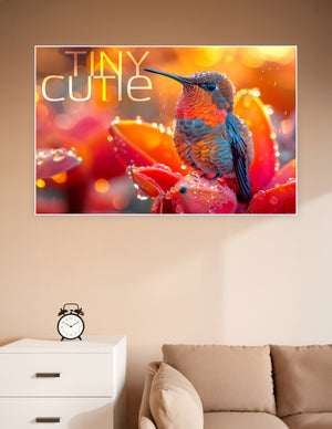 Close-up of a colorful hummingbird with iridescent orange, red, and teal feathers perched on dew-covered red flowers in warm golden bokeh light, with text reading Tiny Cutie