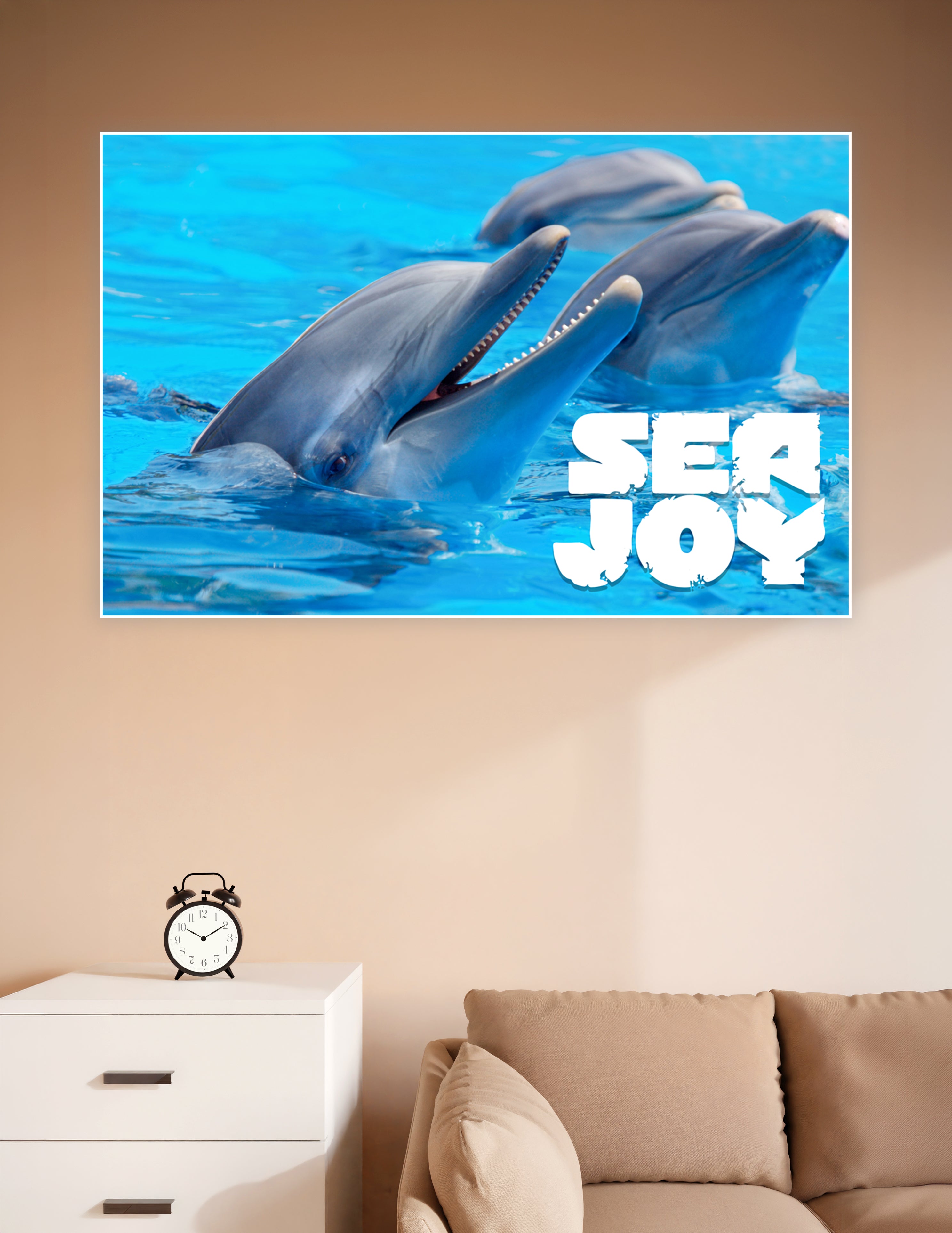 Two playful bottlenose dolphins emerging from bright blue water with Sea Joy text overlay, premium matte wall poster print