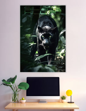 Black panther with glowing green eyes stalking through dark jungle foliage with 'Silent Killer' text overlay — premium matte wall poster