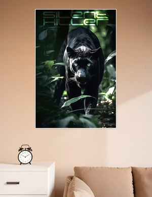 Black panther with glowing green eyes stalking through dark jungle foliage with 'Silent Killer' text overlay — premium matte wall poster