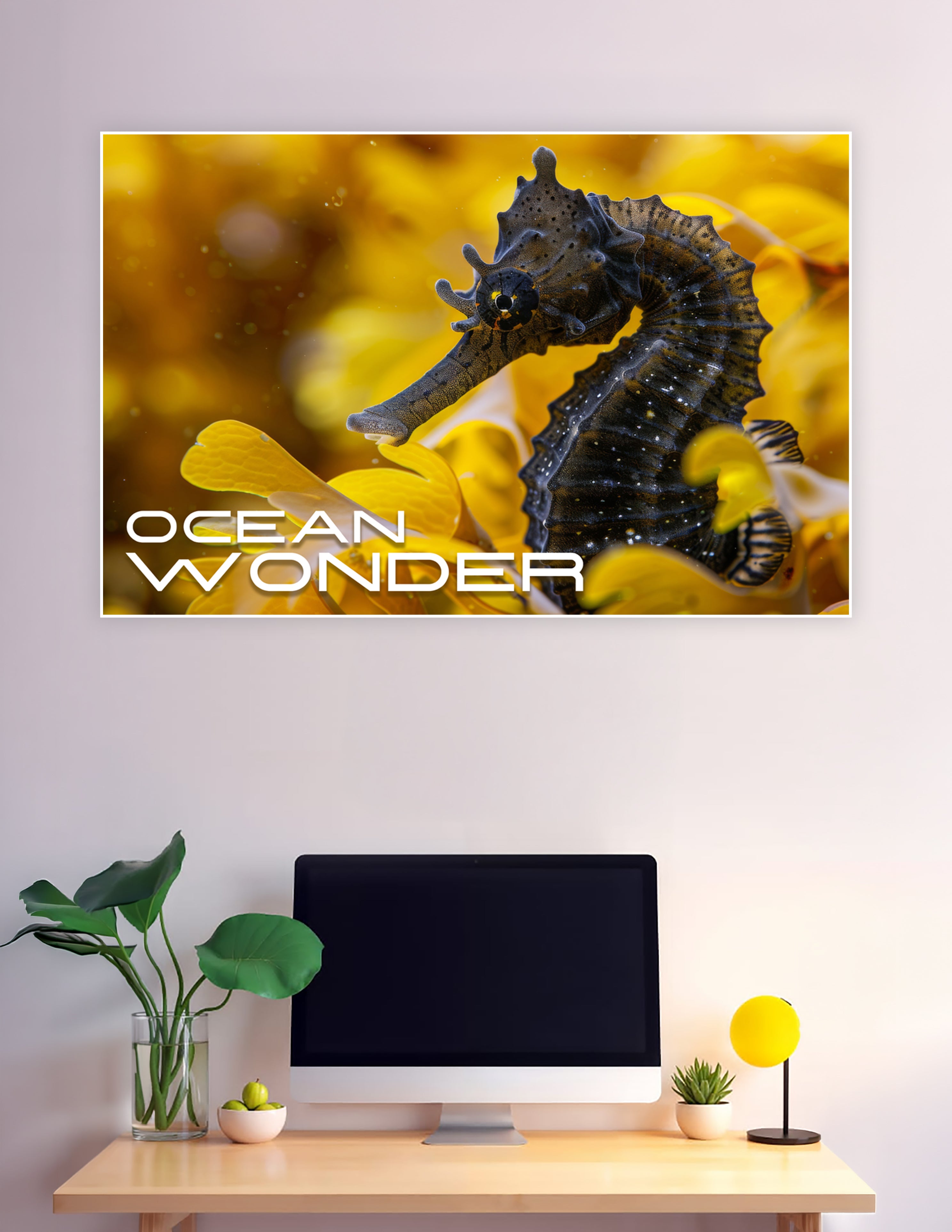 Close-up macro photograph of a dark seahorse clinging to golden yellow seaweed underwater, with 'Ocean Wonder' text overlay