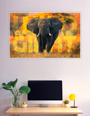 Majestic African elephant walking through golden savanna grass with warm orange autumn trees in the background and bold 'Wild Giant' typography overlay