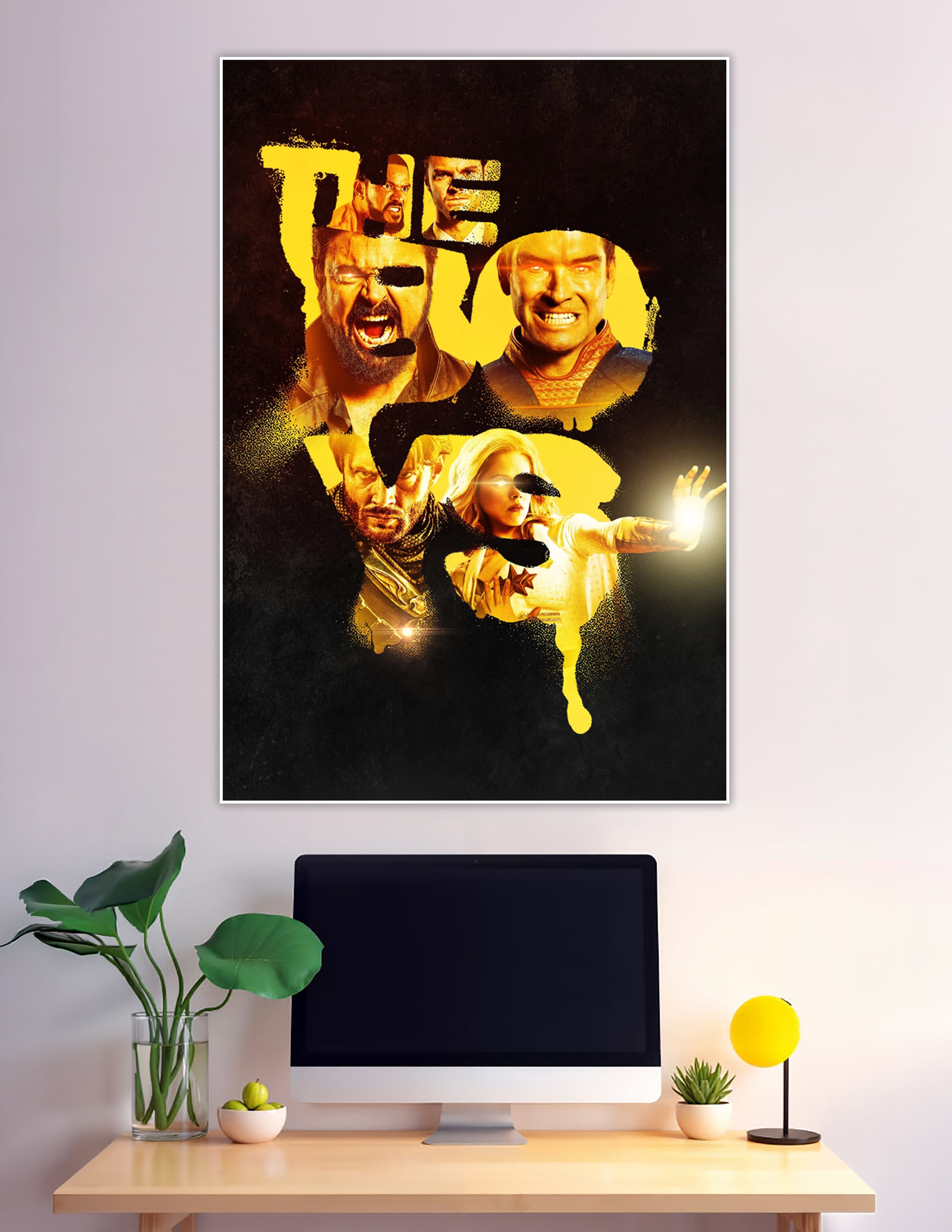 The Boys TV show poster with golden-toned collage of powerful superhero characters including glowing eyes and energy effects on dark background