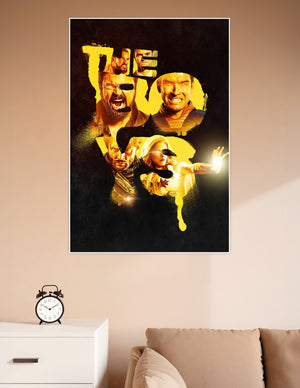 The Boys TV show poster with golden-toned collage of powerful superhero characters including glowing eyes and energy effects on dark background
