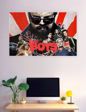 The Boys Amazon Prime TV series cast poster featuring all main characters on a bold red and white sunburst background with the show title in red graffiti lettering