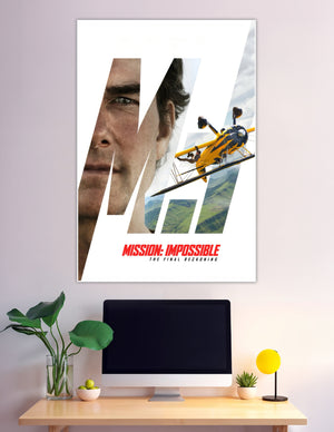 Mission: Impossible – The Final Reckoning official movie poster featuring dramatic MI logo, intense close-up faces, and a yellow biplane stunt over green mountains