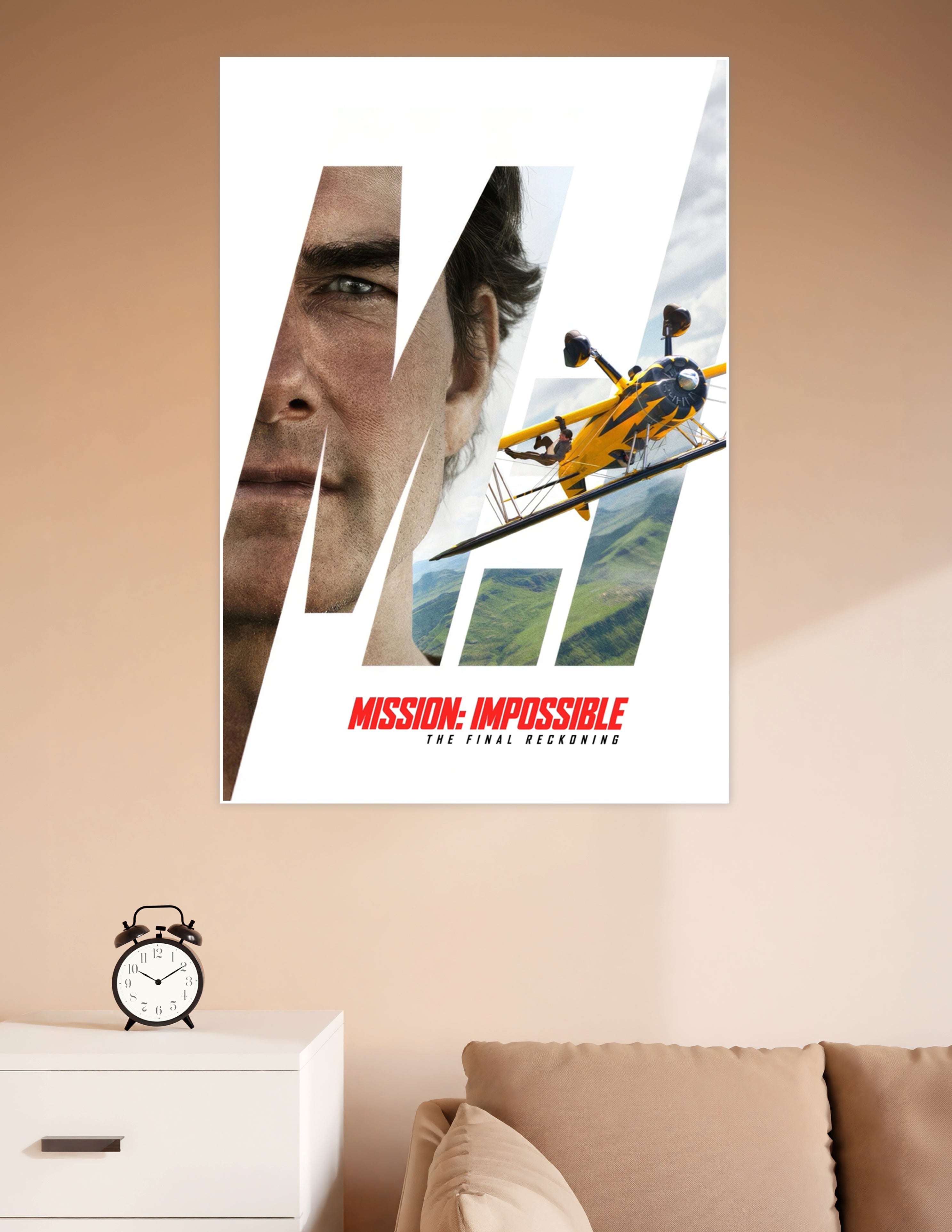 Mission: Impossible – The Final Reckoning official movie poster featuring dramatic MI logo, intense close-up faces, and a yellow biplane stunt over green mountains