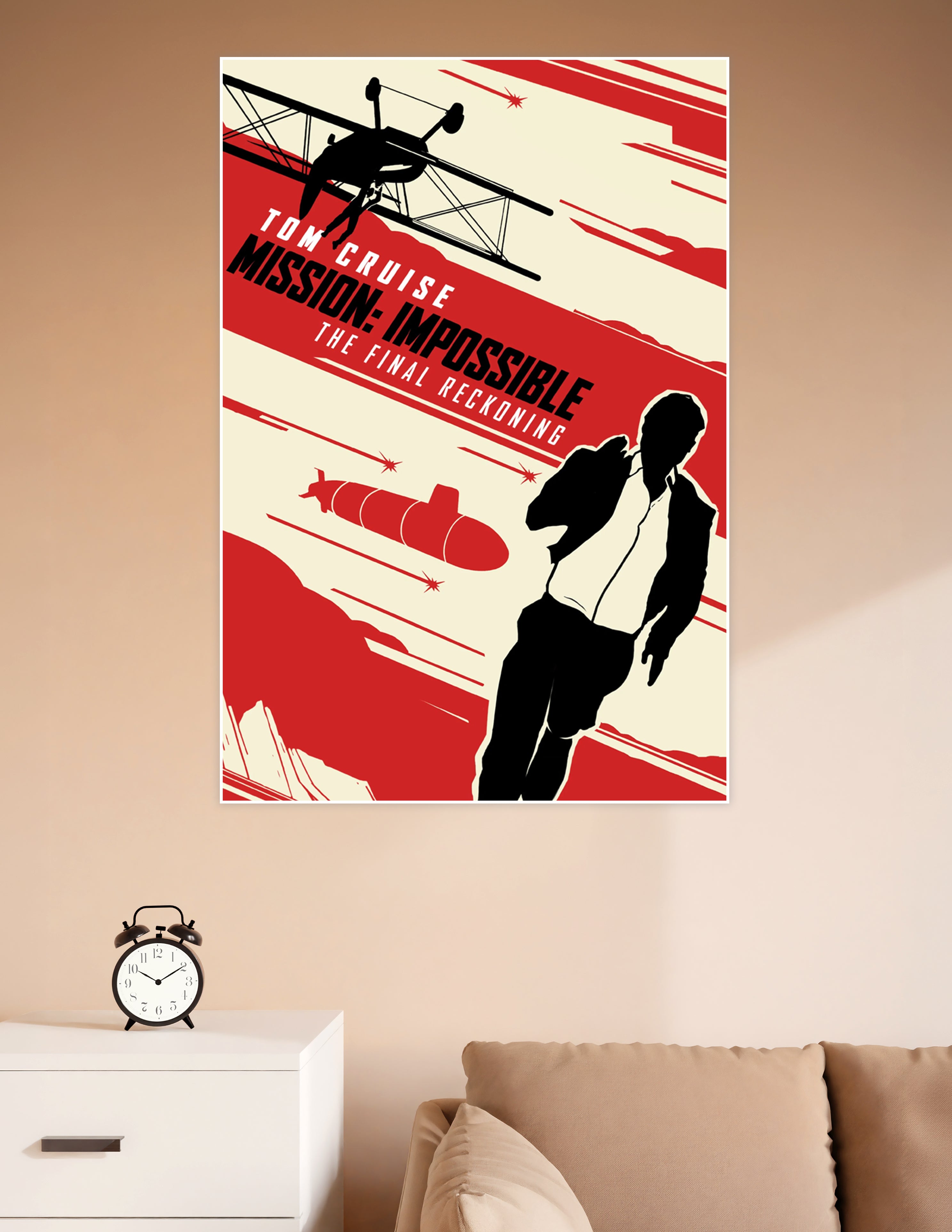 Retro-style Mission Impossible The Final Reckoning movie poster featuring Tom Cruise silhouette, biplane, and submarine in red black and cream graphic art