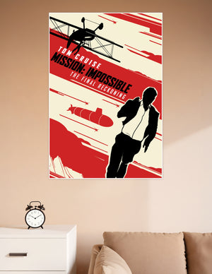 Retro-style Mission Impossible The Final Reckoning movie poster featuring Tom Cruise silhouette, biplane, and submarine in red black and cream graphic art