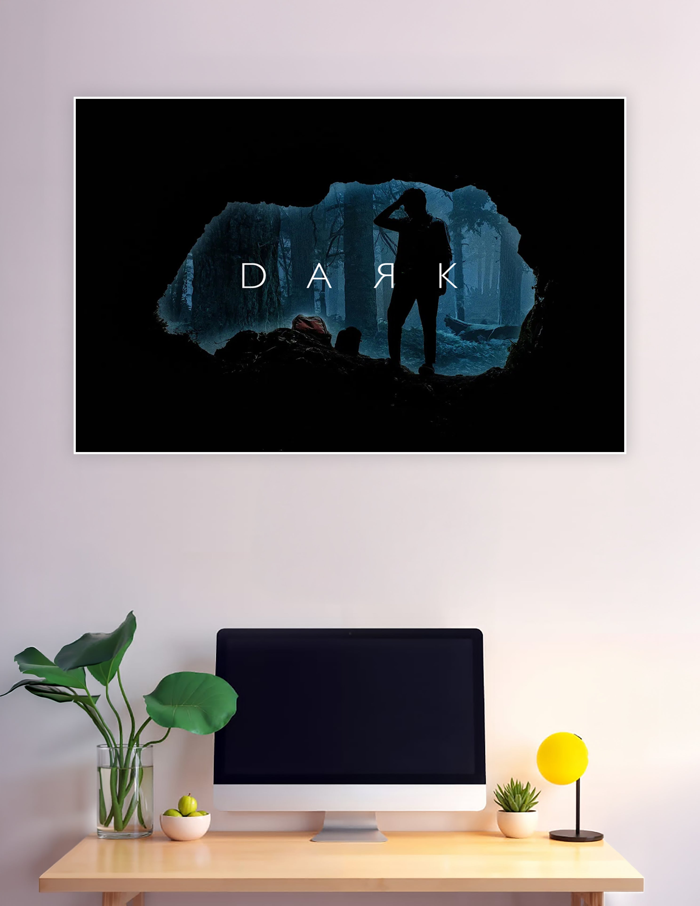 Silhouette of a person standing at a cave entrance overlooking a misty blue forest with the word DARK displayed, inspired by the Netflix series