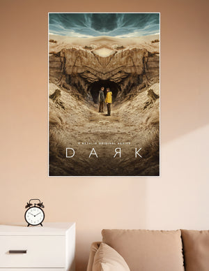 Two figures in a yellow and grey jacket standing before a mysterious mirrored cave entrance in the Netflix original series Dark poster