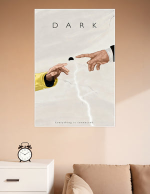 Dark Netflix series fan art poster showing two hands reaching toward a black orb with lightning cracks, inspired by Michelangelo's Creation of Adam, with the tagline Everything Is Connected