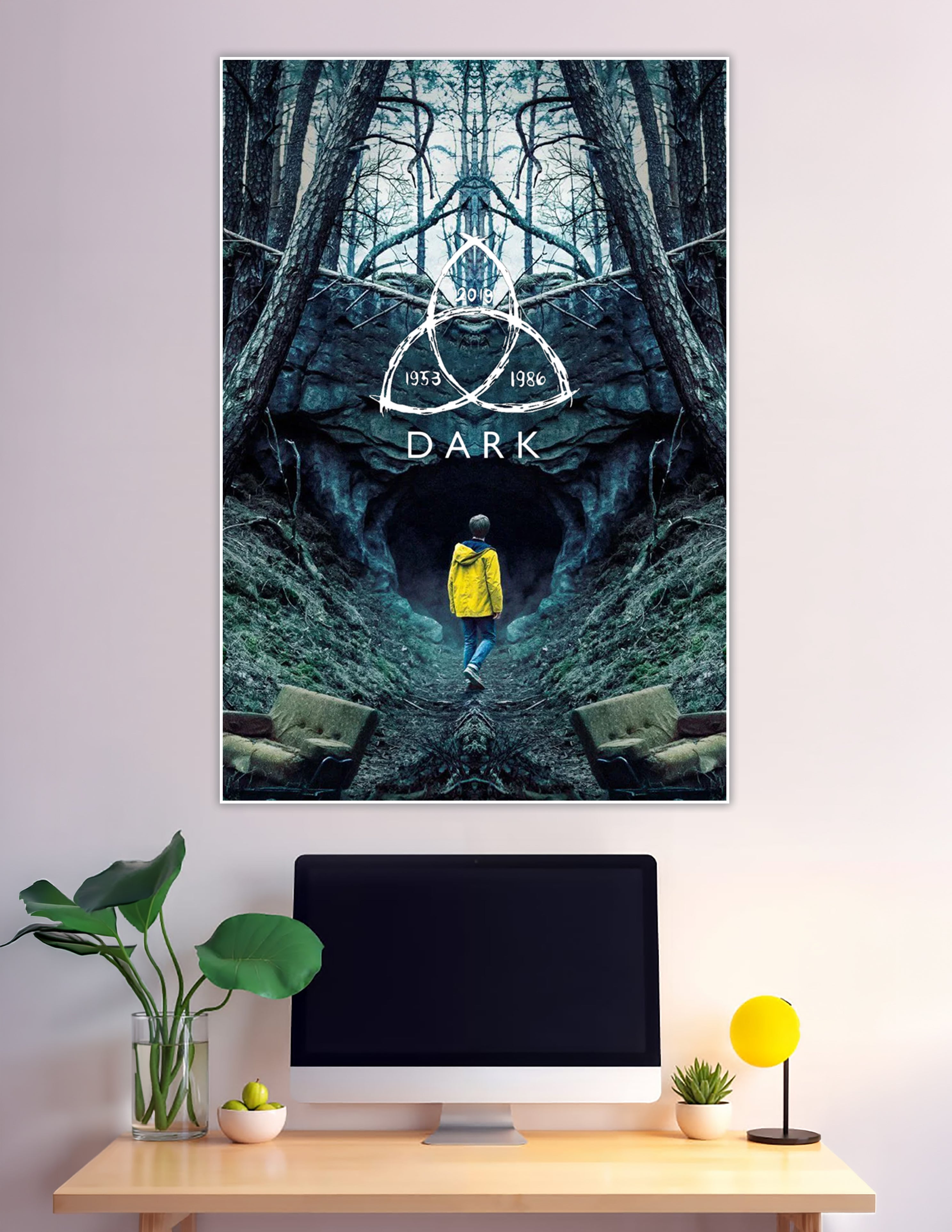 Dark Netflix series poster showing a child in a yellow raincoat walking toward a cave in a symmetrical forest with the triquetra symbol and years 1953, 1986, 2019