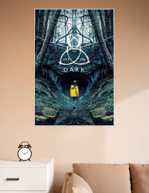 Dark Netflix series poster showing a child in a yellow raincoat walking toward a cave in a symmetrical forest with the triquetra symbol and years 1953, 1986, 2019