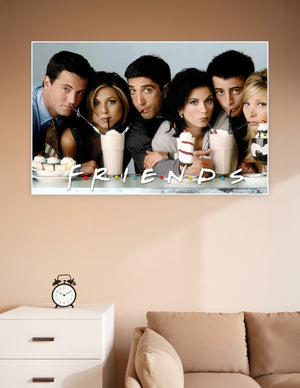 Friends TV show promotional poster featuring all six cast members sipping milkshakes with the Friends logo displayed at the bottom