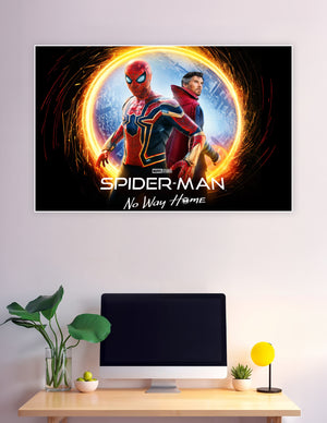 Spider-Man No Way Home Marvel Studios movie poster featuring Spider-Man in red and blue suit and Doctor Strange standing back-to-back inside a glowing golden multiverse portal