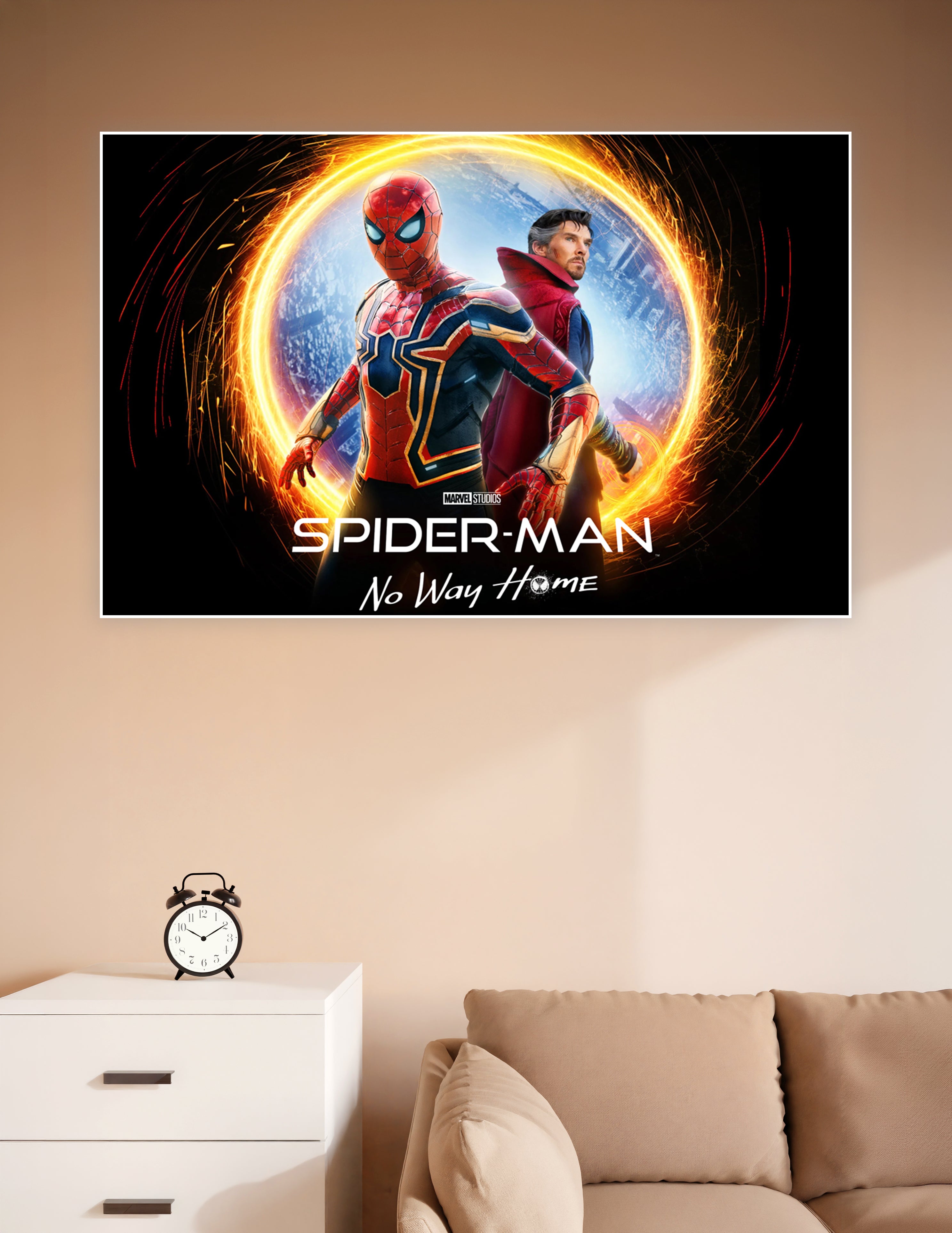 Spider-Man No Way Home Marvel Studios movie poster featuring Spider-Man in red and blue suit and Doctor Strange standing back-to-back inside a glowing golden multiverse portal