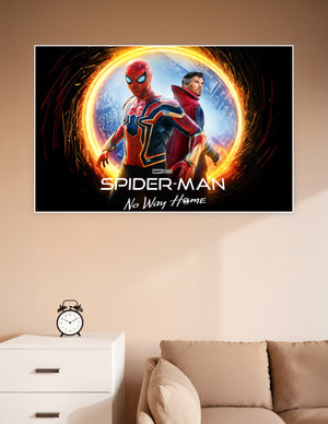 Spider-Man No Way Home Marvel Studios movie poster featuring Spider-Man in red and blue suit and Doctor Strange standing back-to-back inside a glowing golden multiverse portal