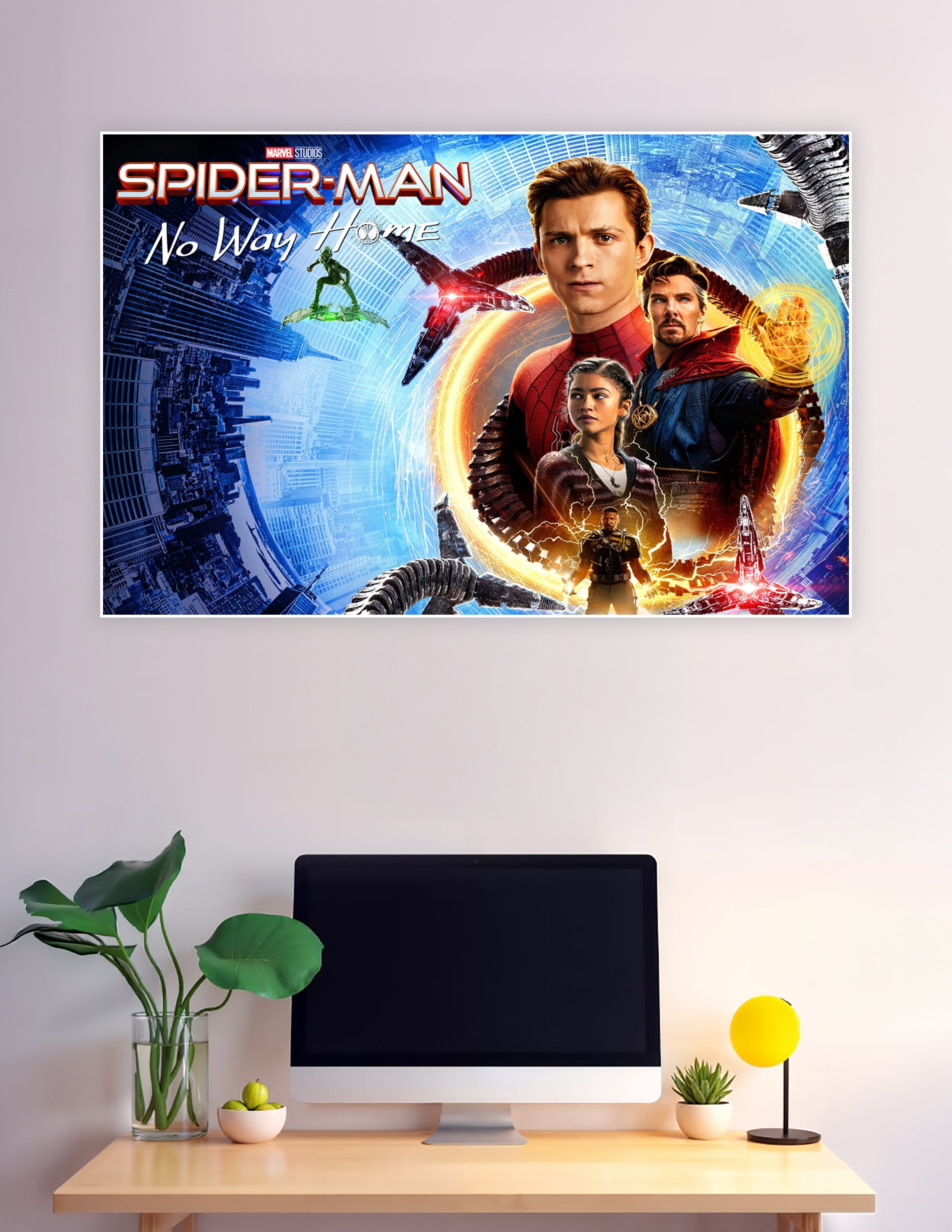 Spider-Man No Way Home Marvel Studios movie poster featuring Spider-Man, Doctor Strange, and cast in a swirling multiverse portal with a blue cityscape background