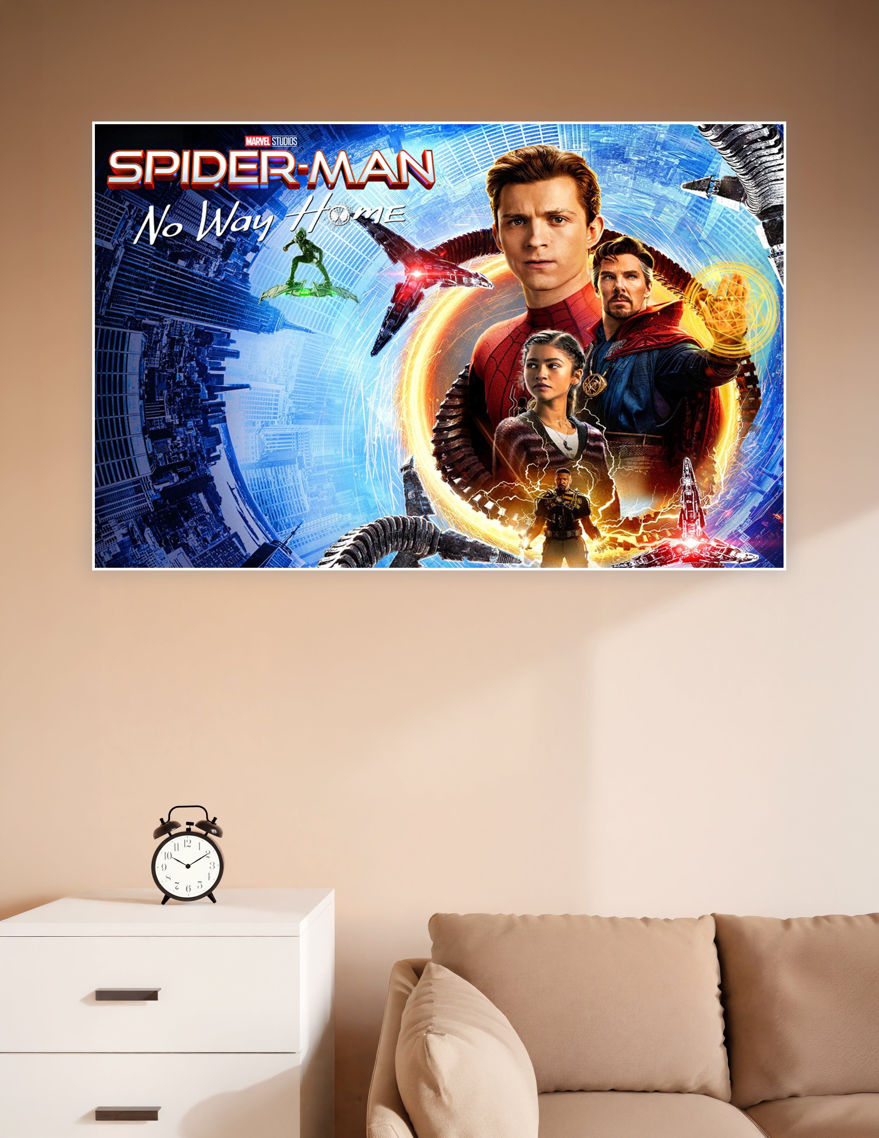 Spider-Man No Way Home Marvel Studios movie poster featuring Spider-Man, Doctor Strange, and cast in a swirling multiverse portal with a blue cityscape background