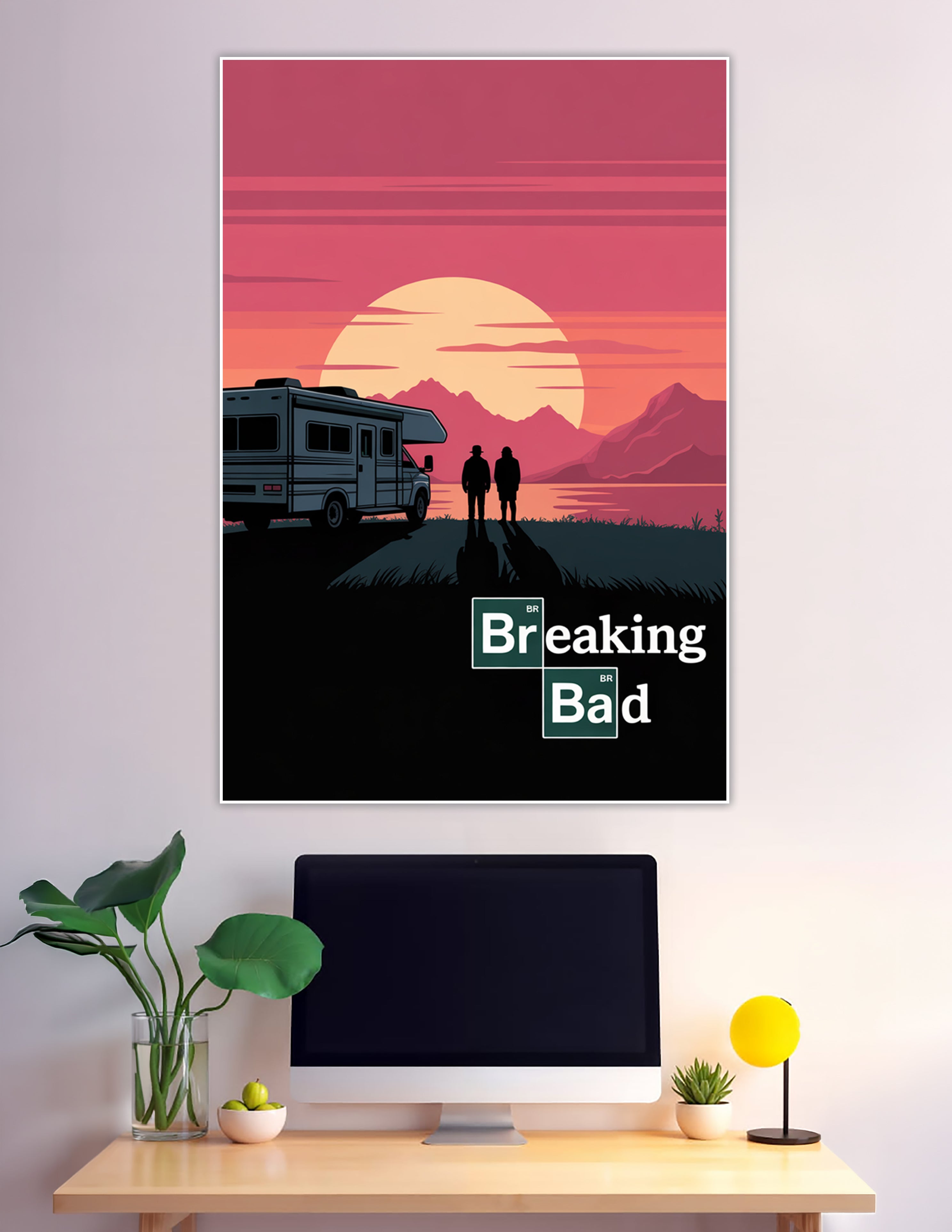 Breaking Bad minimalist poster showing two silhouetted figures and an RV against a dramatic crimson and amber desert sunset with mountains in the background