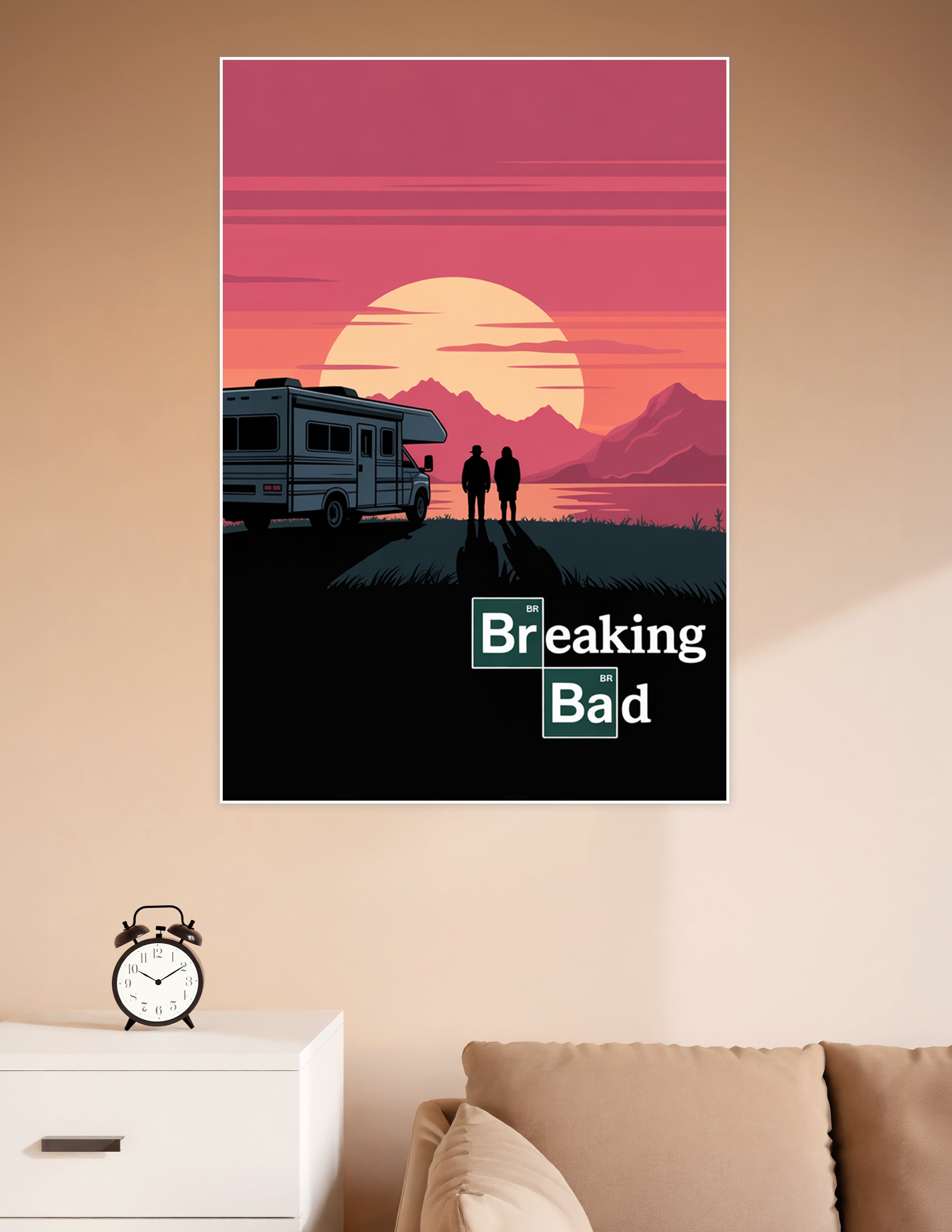 Breaking Bad minimalist poster showing two silhouetted figures and an RV against a dramatic crimson and amber desert sunset with mountains in the background