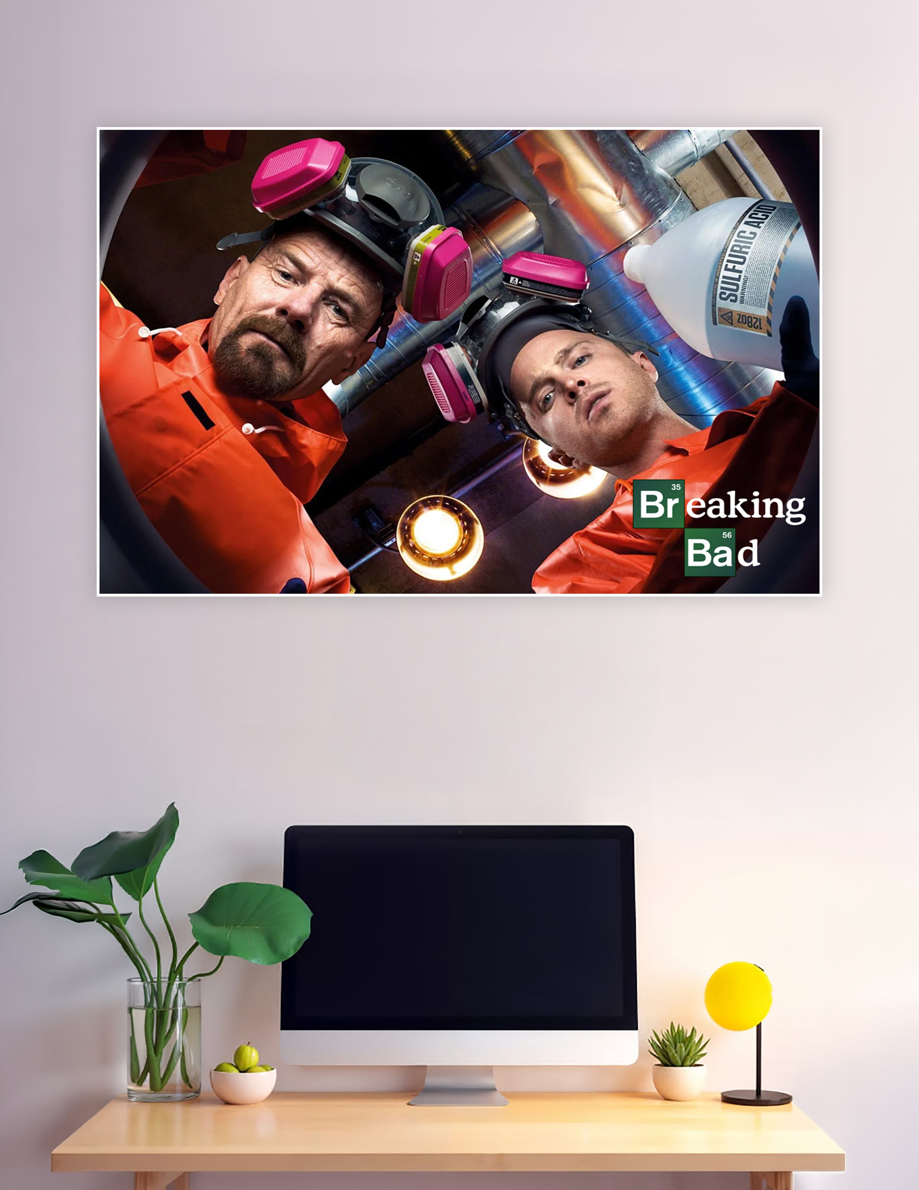 Breaking Bad promotional poster showing Walter White and Jesse Pinkman in orange hazmat suits looking down into an industrial lab with sulfuric acid and respirator masks