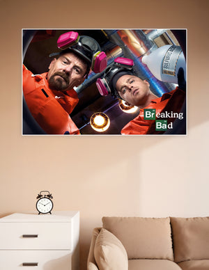 Breaking Bad promotional poster showing Walter White and Jesse Pinkman in orange hazmat suits looking down into an industrial lab with sulfuric acid and respirator masks