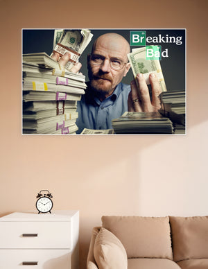 Breaking Bad poster of Walter White holding cash surrounded by stacks of bundled money with the Breaking Bad logo