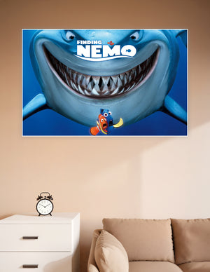 Finding Nemo movie poster showing Bruce the great white shark grinning with Marlin and Dory swimming below, set against deep ocean blue background