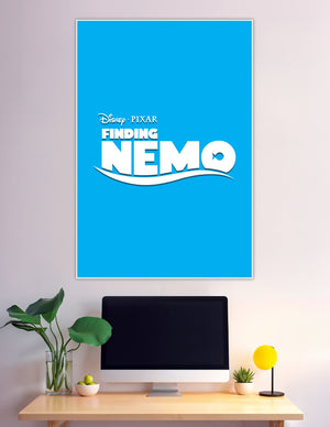 Finding Nemo Disney Pixar logo poster with bold white title text and wave design on vivid ocean blue background