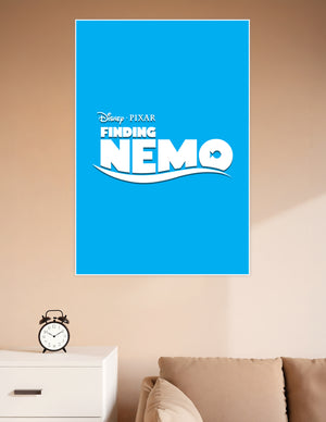 Finding Nemo Disney Pixar logo poster with bold white title text and wave design on vivid ocean blue background