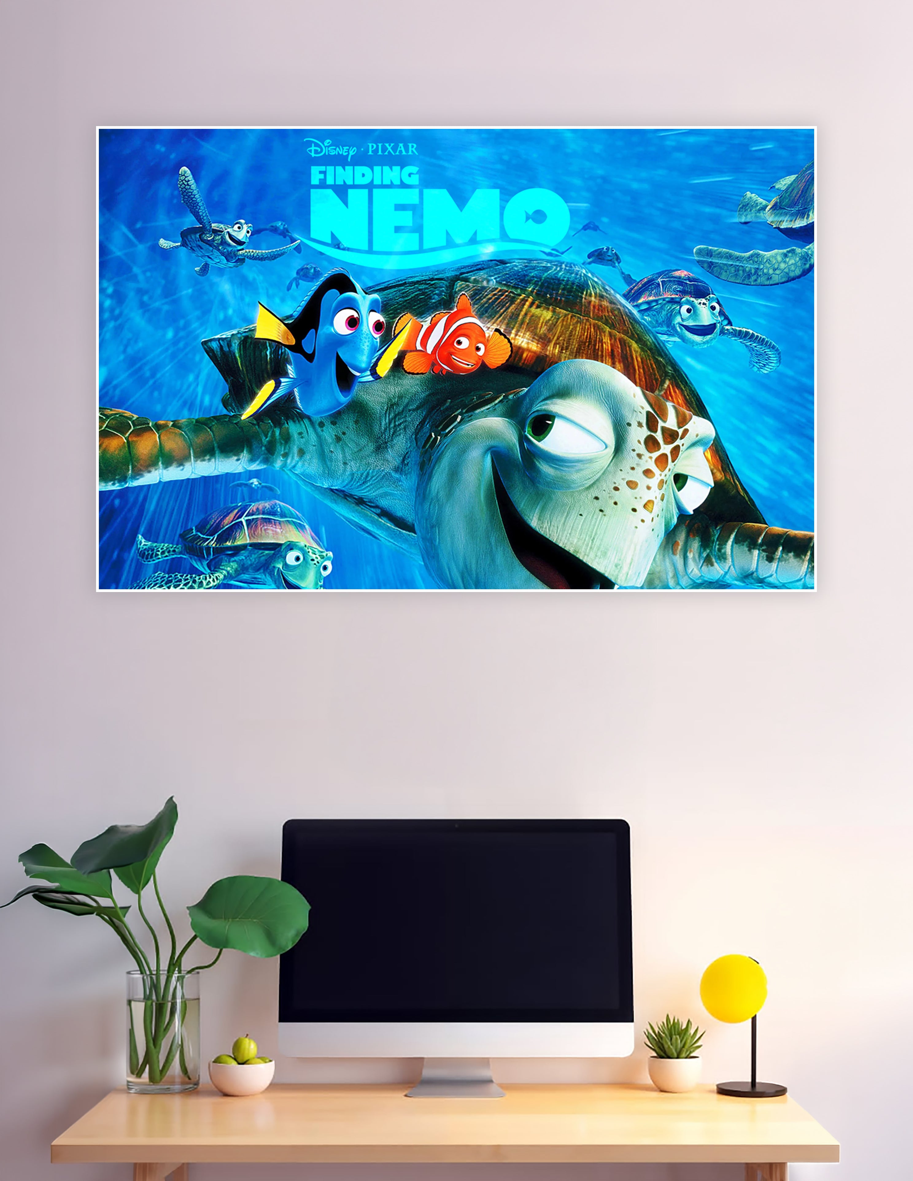Finding Nemo Disney Pixar animated movie poster featuring Nemo, Dory, and Crush the sea turtle surrounded by ocean turtles on a vivid blue underwater background
