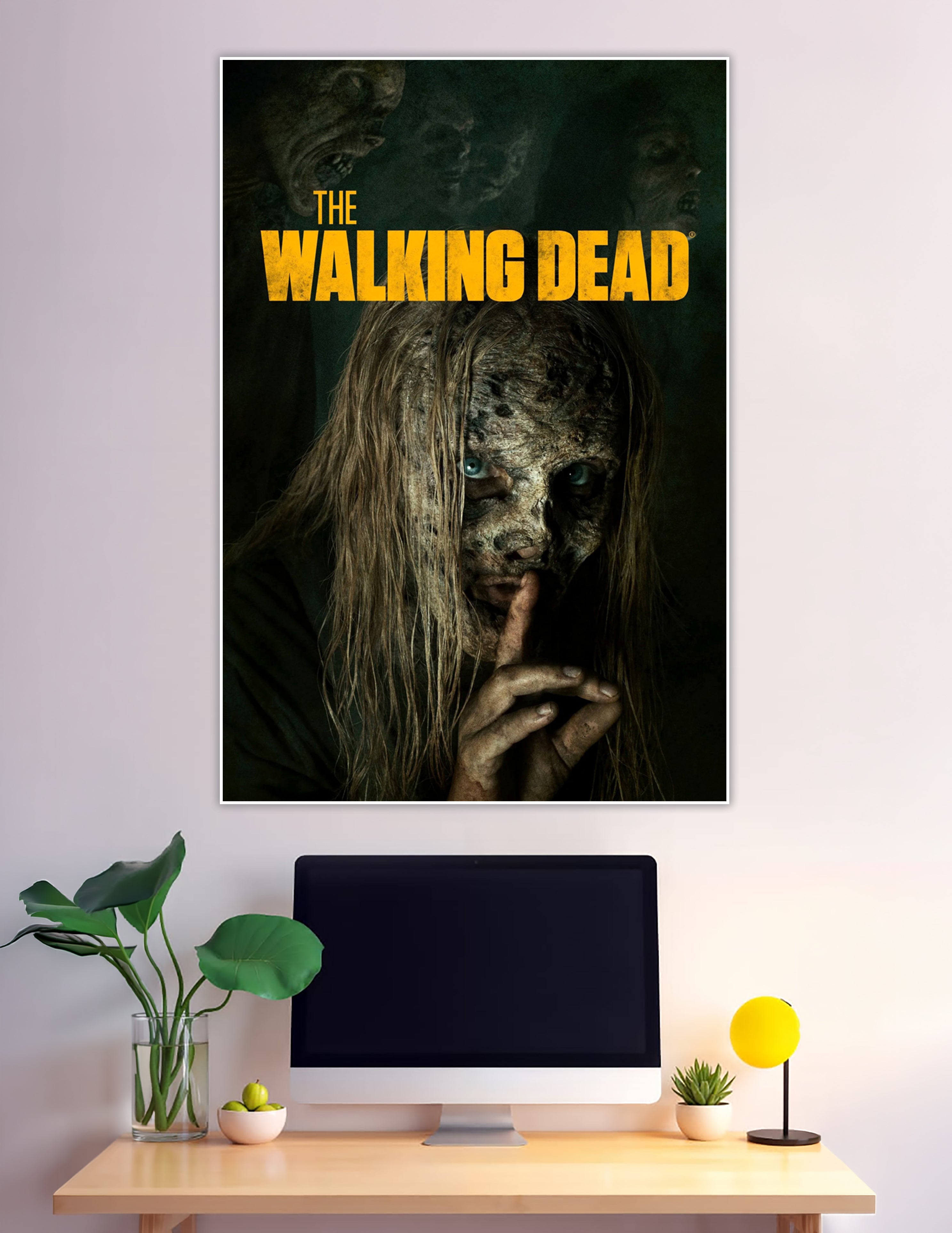 The Walking Dead poster featuring Alpha wearing a decayed walker mask with piercing blue eyes and long tangled hair against a dark shadowy background