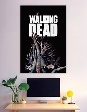 The Walking Dead poster featuring multiple decayed zombie hands reaching upward from a black background with bold white title text