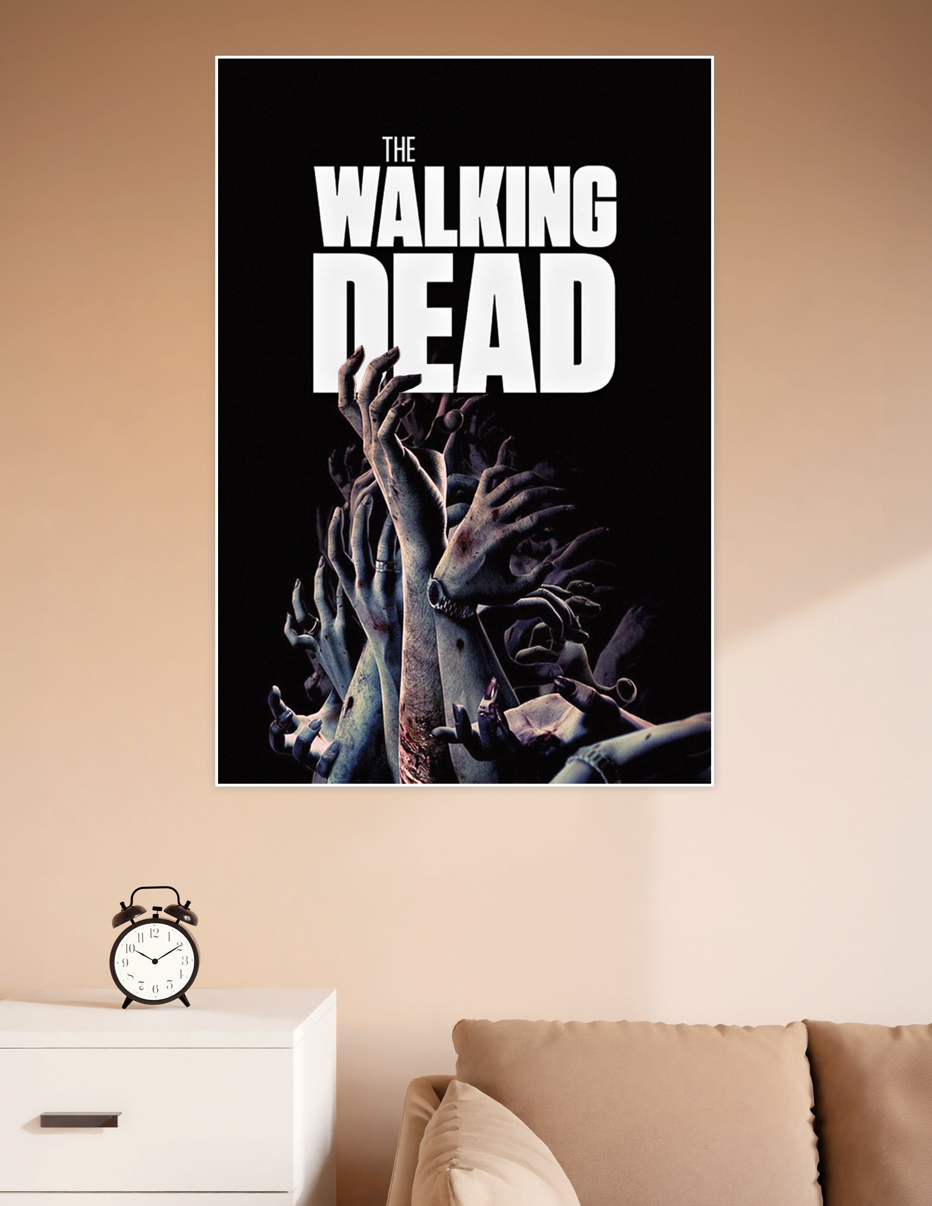 The Walking Dead poster featuring multiple decayed zombie hands reaching upward from a black background with bold white title text