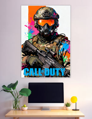 Call of Duty tactical soldier in gas mask and combat gear holding assault rifle against colorful neon paint-splash background with bold blue Call of Duty logo