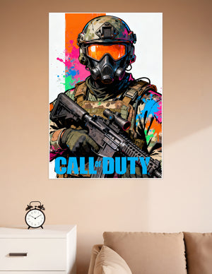 Call of Duty tactical soldier in gas mask and combat gear holding assault rifle against colorful neon paint-splash background with bold blue Call of Duty logo