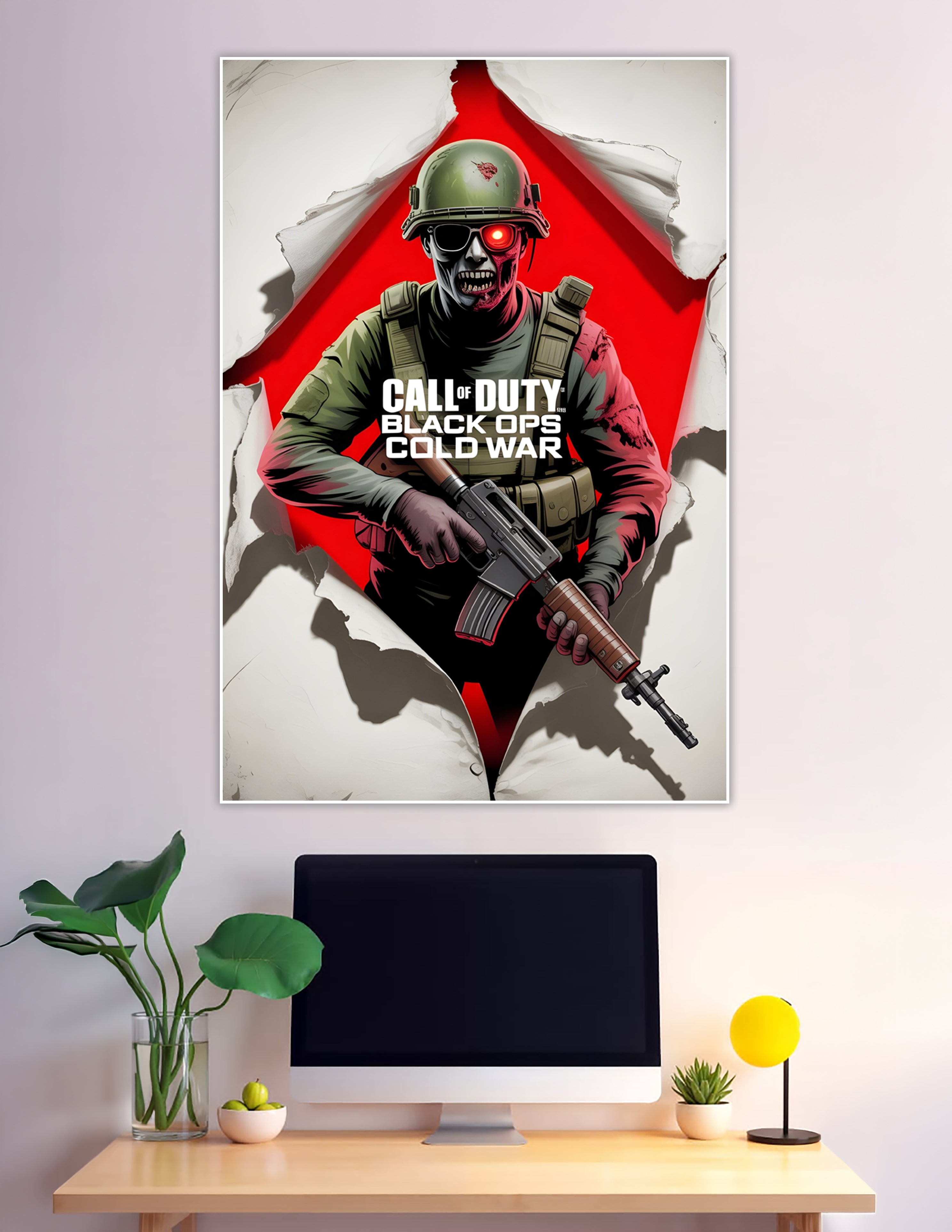 Call of Duty Black Ops Cold War poster featuring a zombie soldier with glowing red eyes and rifle bursting through torn paper on a red background
