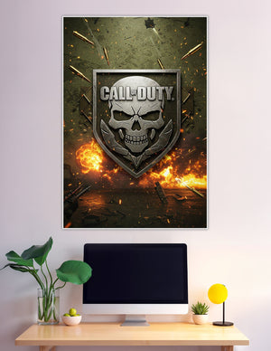 Call of Duty skull shield poster with fire and bullets