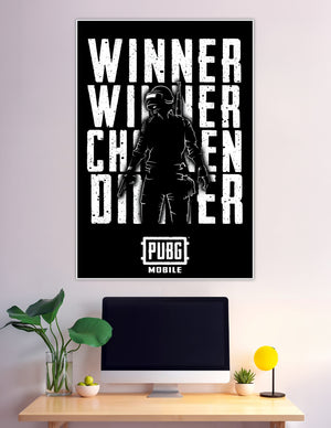 Black and white PUBG Mobile poster featuring a soldier silhouette with the text Winner Winner Chicken Dinner and PUBG Mobile logo