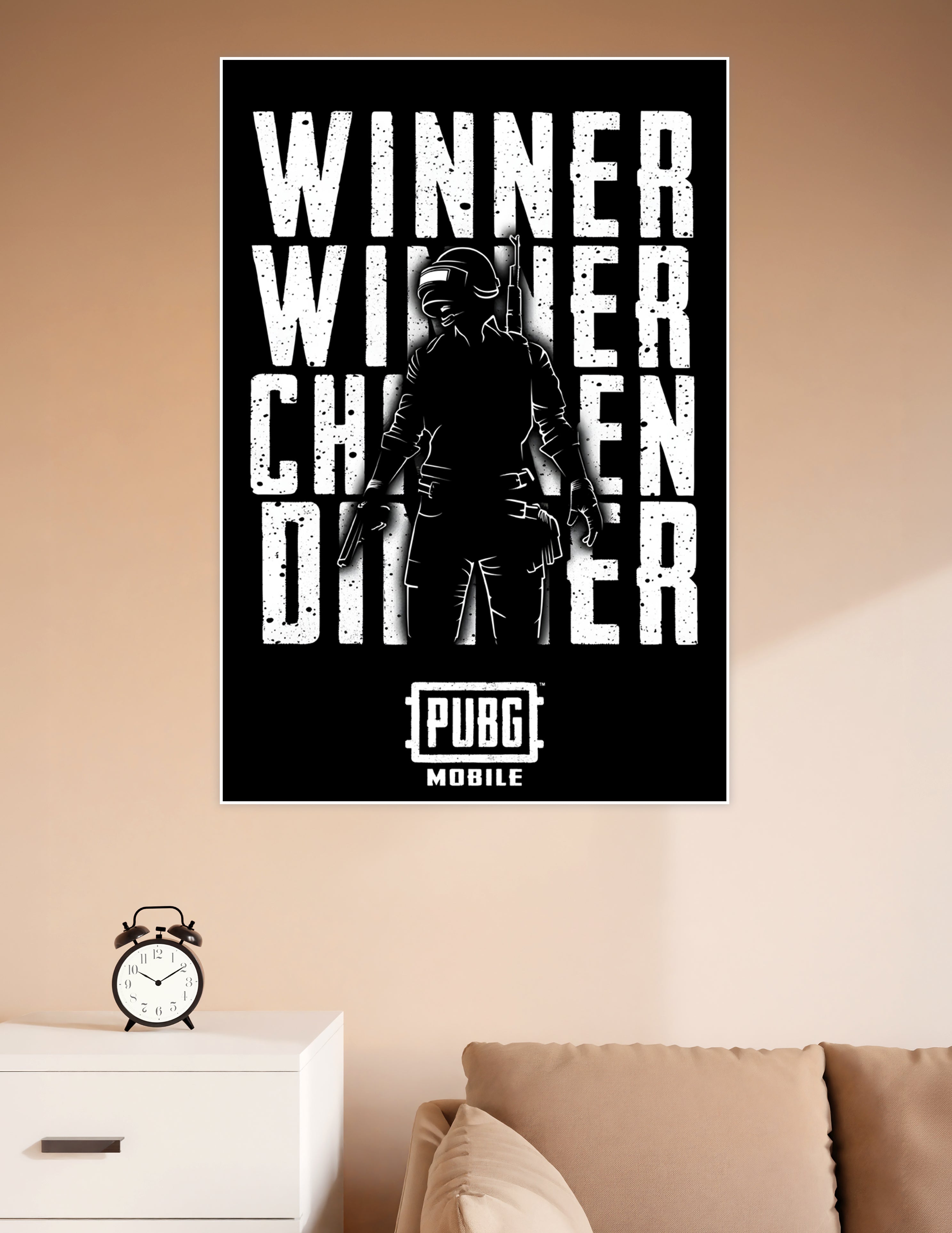 Black and white PUBG Mobile poster featuring a soldier silhouette with the text Winner Winner Chicken Dinner and PUBG Mobile logo