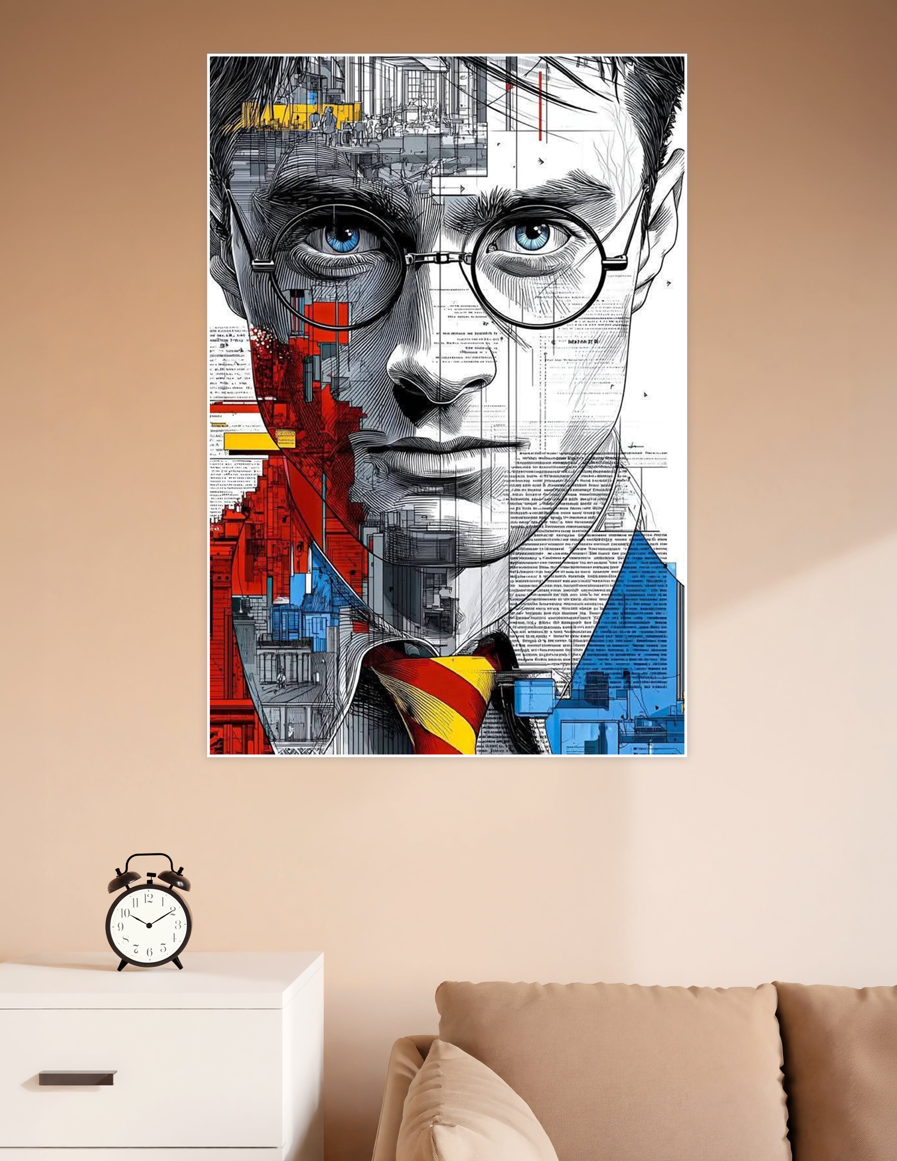 Mixed-media illustrated portrait poster of a man with round glasses, overlaid with architectural blueprints, red and blue urban cityscapes, and newspaper text collage elements
