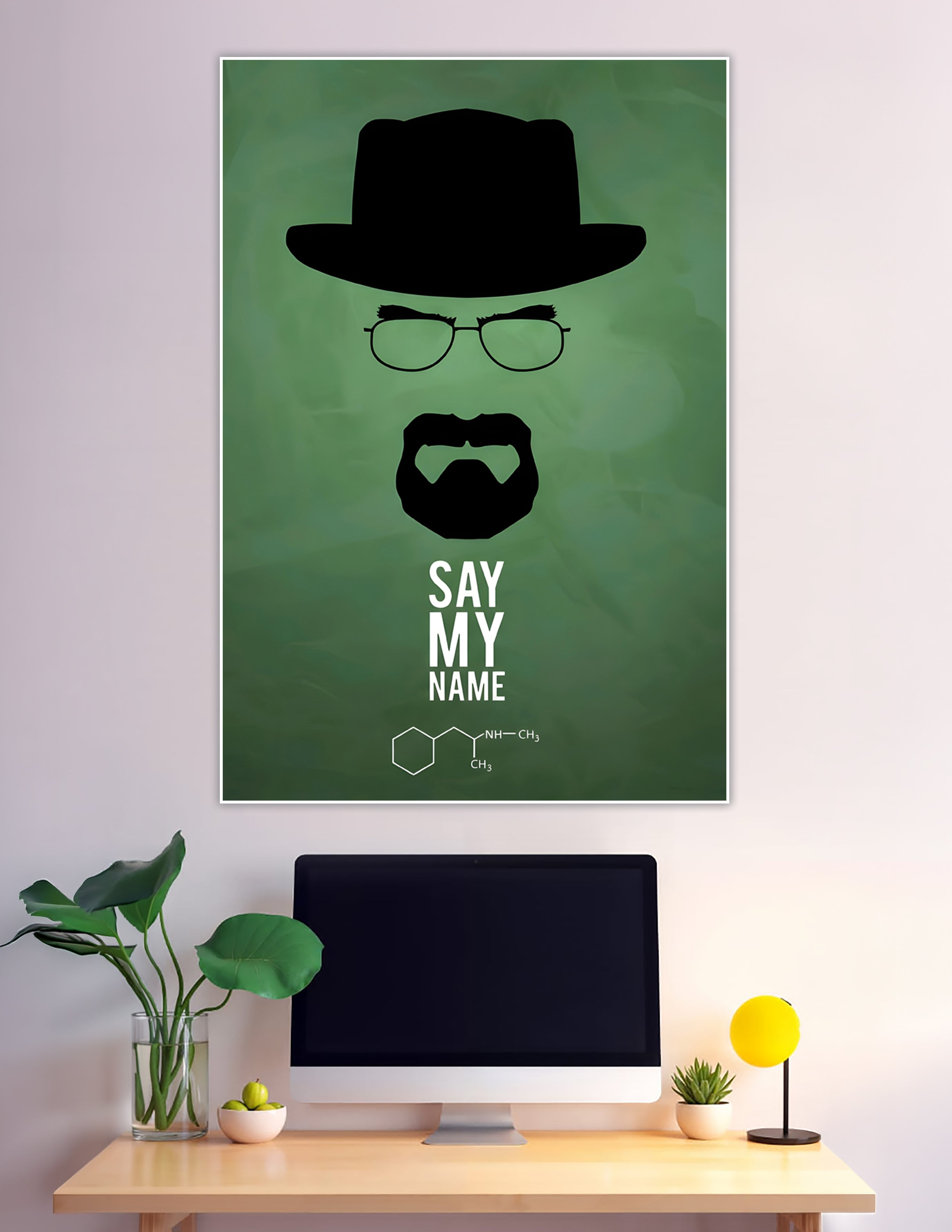Minimalist Heisenberg silhouette poster with hat, glasses, beard and Say My Name text on green background from Breaking Bad