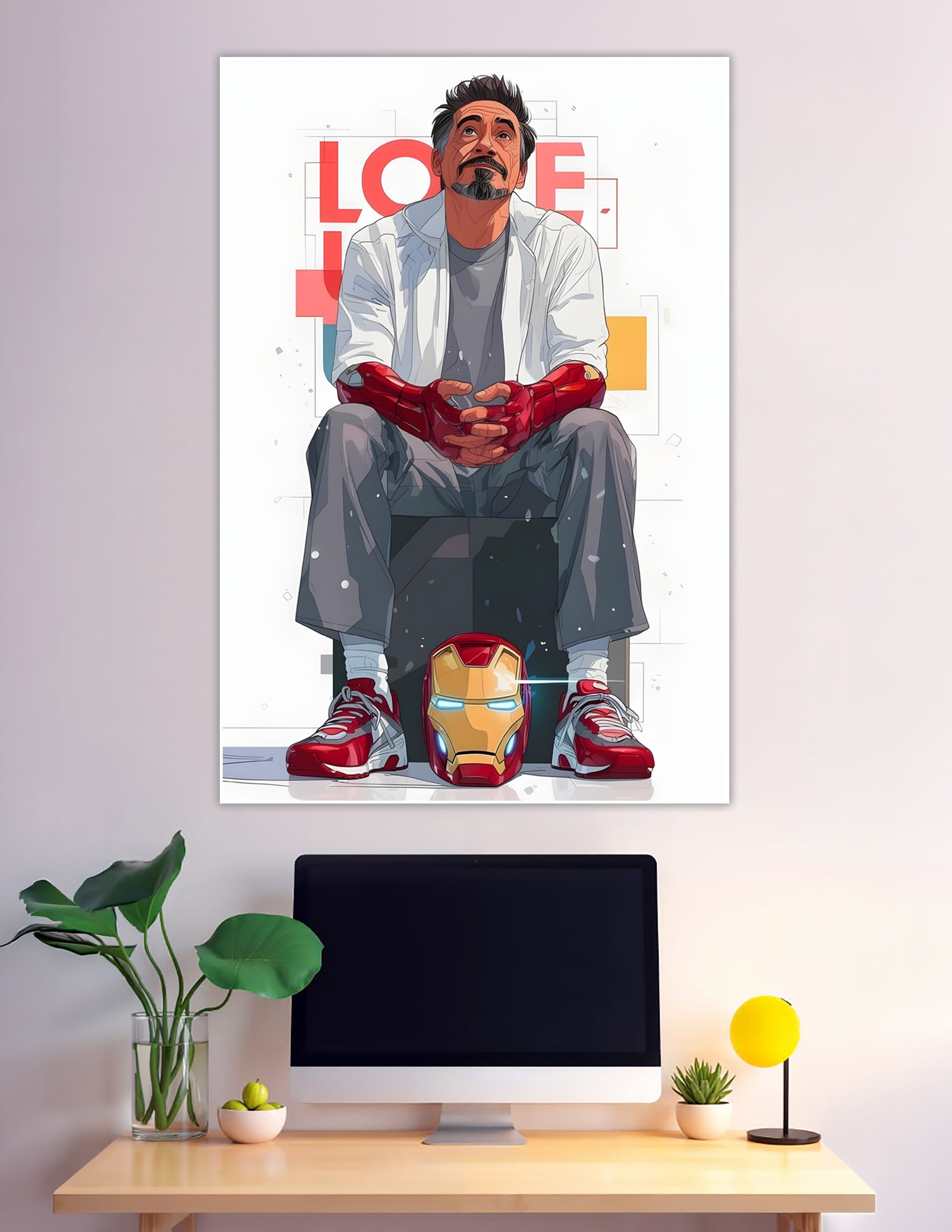 Tony Stark sitting with Iron Man helmet and gauntlets illustration