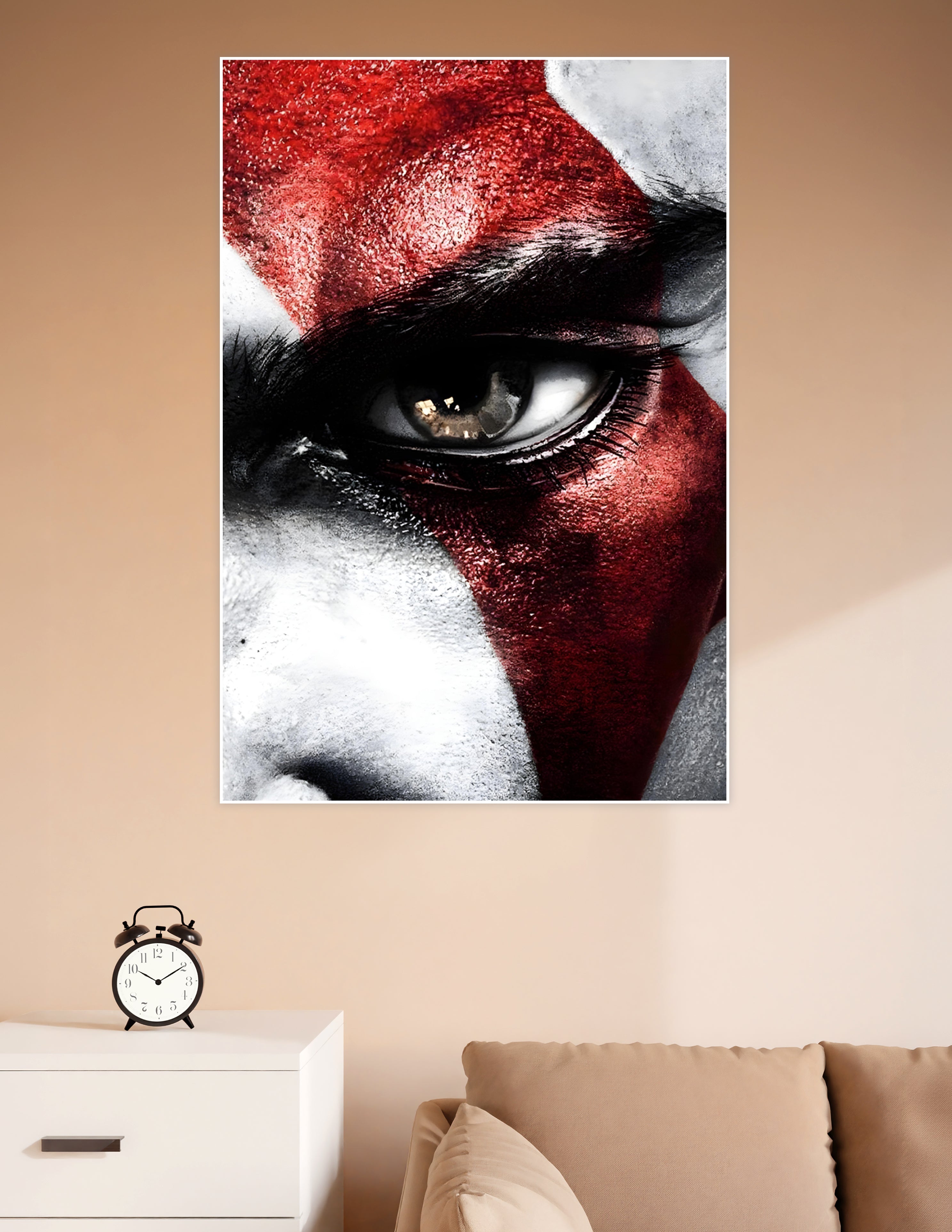 Extreme close-up of Kratos eye with red and white war paint from God of War on a premium matte poster print