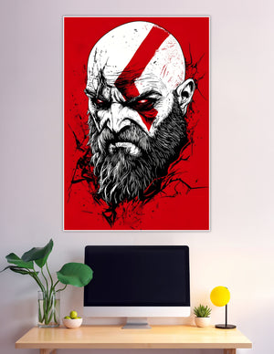 High-contrast illustration of Kratos from God of War with red war paint, glowing red eyes, and a dark beard on a bold crimson background