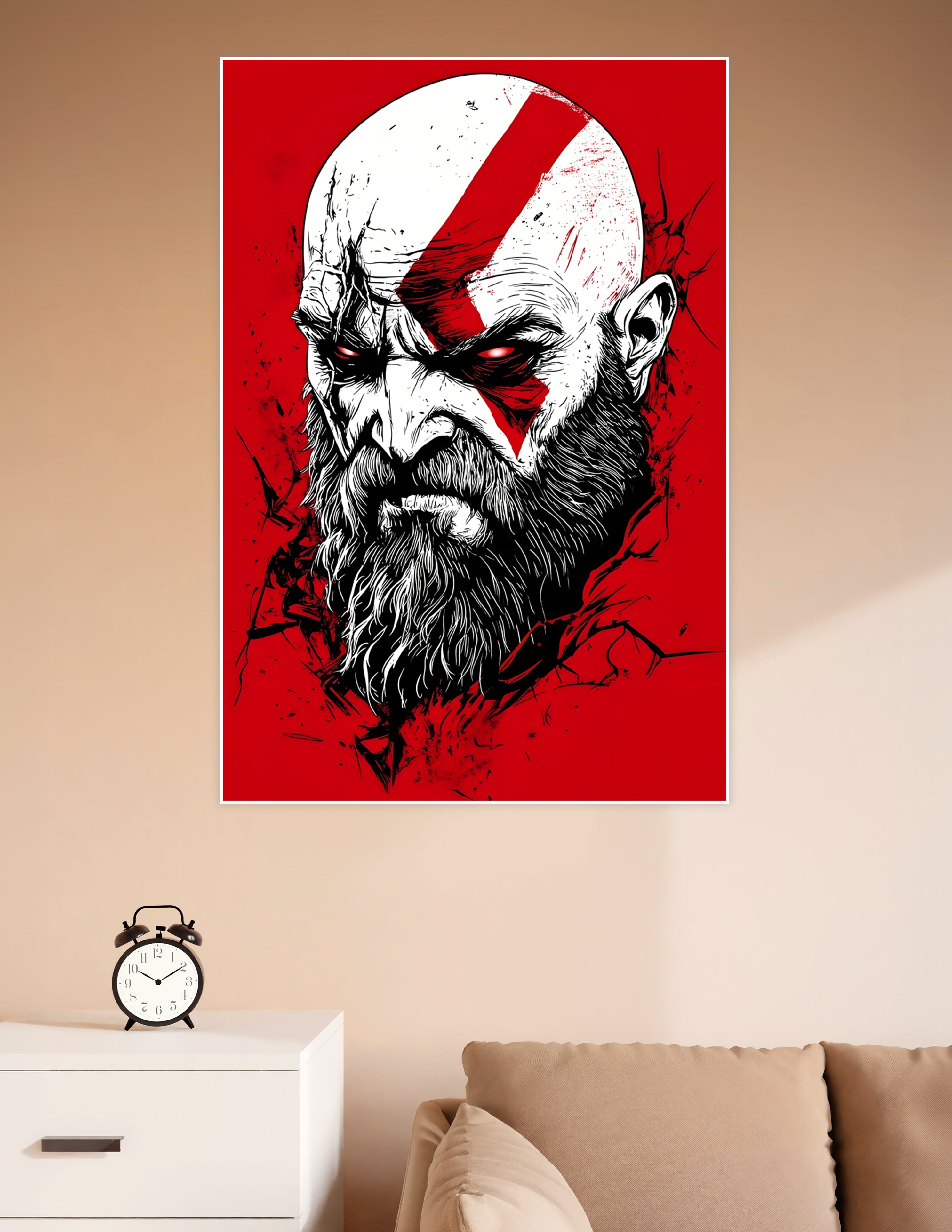 High-contrast illustration of Kratos from God of War with red war paint, glowing red eyes, and a dark beard on a bold crimson background
