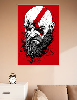 High-contrast illustration of Kratos from God of War with red war paint, glowing red eyes, and a dark beard on a bold crimson background